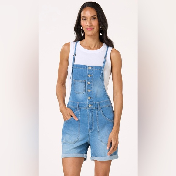 NWT 10 denim overall shorts romper pull over jumpsuit boho hippie cross back y2k - Picture 1 of 13